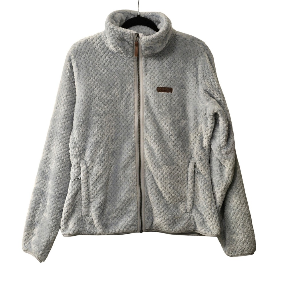 Columbia Womens L Plush Fleece Jacket Light Blue Gray Sherpa Full Zip Cozy Y2K
